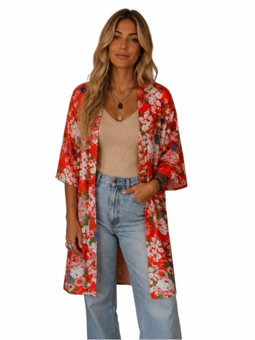 Vintage Medium 1970s Japanese Floral Kimono Jacket / Happi Coat